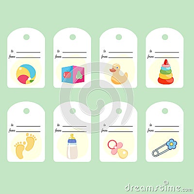 Gift tags with child elements. Set of 8 decorative cartoon invitations. Collection of holiday cards. Vector Illustration