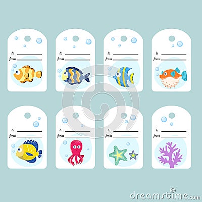 Gift tags are marine inhabitants. Set of 8 decorative cartoon invitations. Collection of holiday cards. Vector Illustration