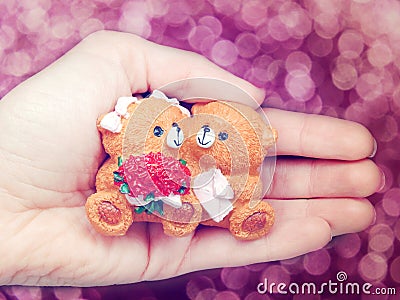 Gift teddy bears fiancee bride in hand valentine`s day love Stock Photo