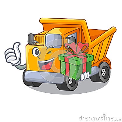 With gift Truck on highway road with mascot Vector Illustration