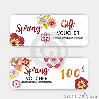 Spring sale gift vouchers discount. With leaf and colorful flowers design. Vector Illustration