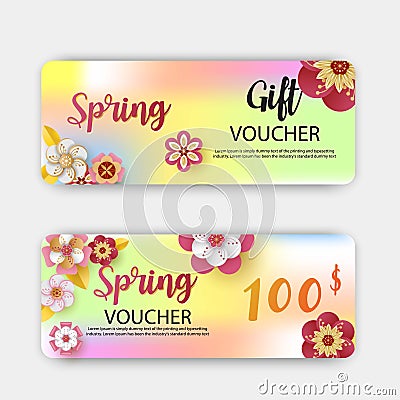 Spring sale gift vouchers discount. With leaf and colorful flowers design. Paper cut art style on white background. Vector Illustration