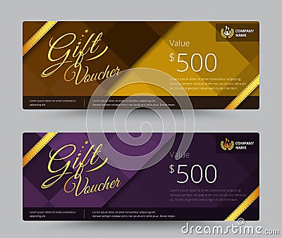 Gift voucher and coupon gold or purple color set. include sample Vector Illustration