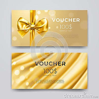 Gift voucher design template. Set of premium promotional card with realistic golden bow, ribbon and silk isolated on Vector Illustration