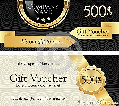 Gift Voucher. Gold Ribbon and Badge on an Elegant Background. Vector Illustration