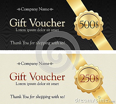 Gift Voucher. Gold Ribbon on an Elegant Background. Badge with Gift Value. Vector Illustration