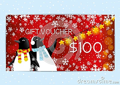 Gift voucher with penguins. Vector Illustration