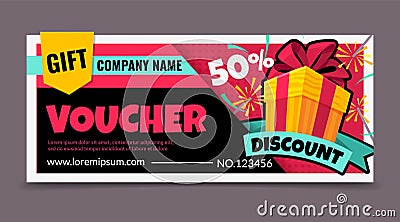 Gift voucher. Promotion birthday certificate with gift box, surprise discount ticket, promo shopping flyer, present sale Vector Illustration
