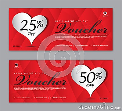 Gift Voucher template, Coupon, discount, for Happy Valentine`s Day, Sale banner, Horizontal layout, discount cards, headers Vector Illustration