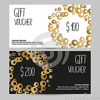 Gift voucher template in golden, black and white colors. Coupon, certificate design. Vector Illustration