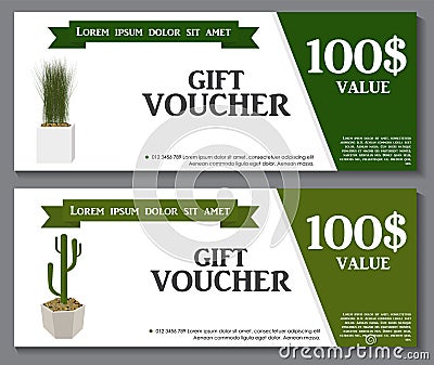 Gift Voucher Template with Green Plant in flowerpot. Discount Co Vector Illustration