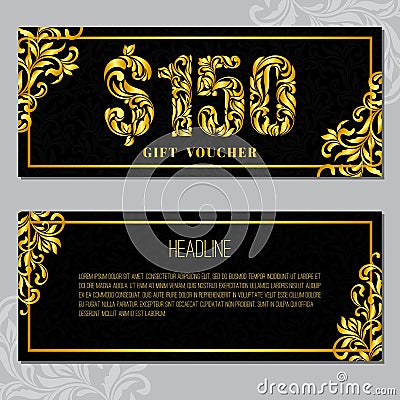 Gift voucher template 150 USD. The inscription created from a floral ornament. Vector Illustration