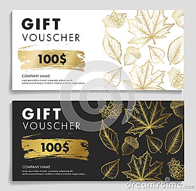 Gift Voucher woth autumn leaves and acron in gold and black and white colors Vector Illustration