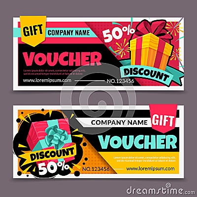 Gift vouchers. Marketing business flyer, promotion birthday certificate, christmas gift tickets design, shopping reward Vector Illustration