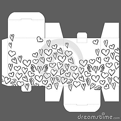 Gift wedding favor die box design template with heart pattern Vector Illustration