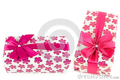 Gift white boxs with pink satin ribbon isolated on white background. Collage. Free space for text Stock Photo