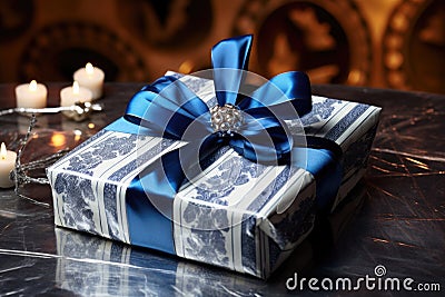 gift wrapped in blue and silver hanukkah-themed paper Stock Photo