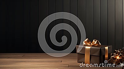 a gift wrapped in dark packaging with a ribbon and bow, positioned on a wooden background, leaving generous empty space Stock Photo