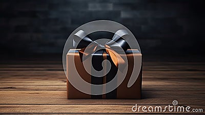 a gift wrapped in dark packaging with a ribbon and bow, positioned on a wooden background, leaving generous empty space Stock Photo