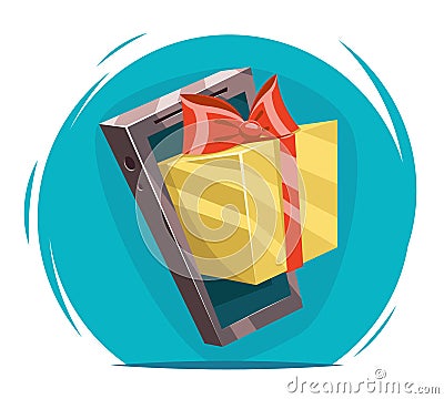 Giftbox with Bow Mobile Phone Win Present Cartoon Greating Card Design Vector Illustration Vector Illustration