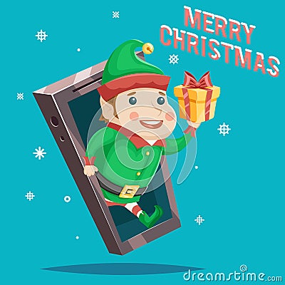 Giftbox Christmas New Year Gift Card Mobile Phone Cartoon Design Vector Illustration Vector Illustration