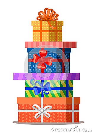 Gifts with bows and ribbons. Stack of color present gift boxes Vector Illustration