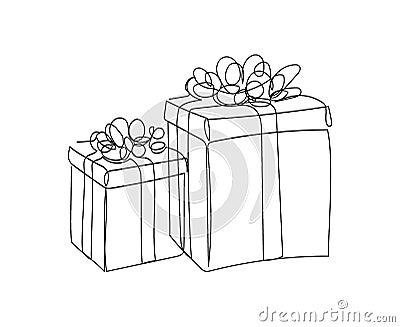 Gifts boxes with bows one line art. Continuous line drawing of new year holidays, christmas, celebration, packaging Vector Illustration