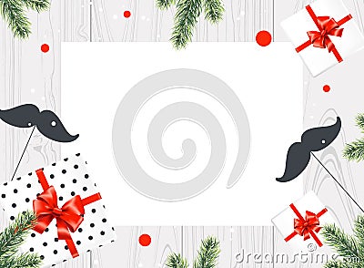 Gifts boxes with red bow, mustaches and fir branches on white wooden background. Retro stile. Top view. Vector Illustration