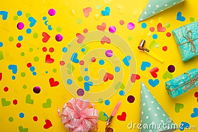 Gifts with confetti for the holiday. Top view with an empty place for inscription or advertising. Stock Photo