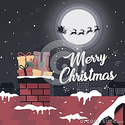 Gifts on the fireplace. Merry Christmas greeting card with santa, roof, and snow cartoon vector illustration Vector Illustration