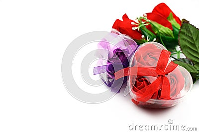 Gifts hearts and bow on a white background Stock Photo