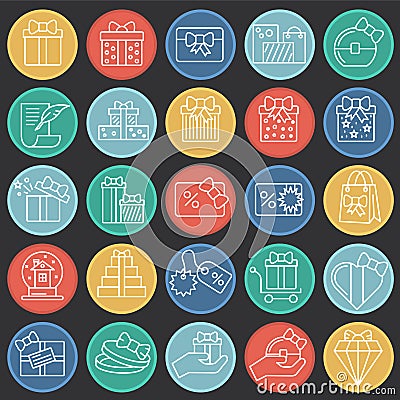Gifts line icons set on color circles black background for graphic and web design. Simple vector sign. Internet concept Vector Illustration