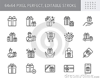 Gifts line icons. Vector illustration include icon - box, present card, package, price tag, service, birthday, coupon Vector Illustration