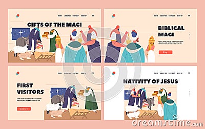 Gifts Of Magi Biblical Scene Landing Page Set. Three Wise Men Follow Star To Meet Jesus In Bethlehem, Bring Presents Vector Illustration