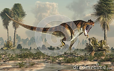 Giganotosaurus Hunting in a Watery Lowland Stock Photo