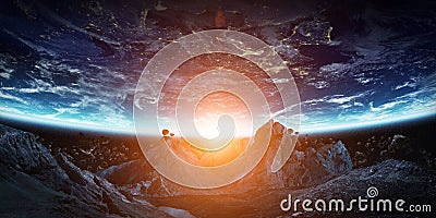 Gigantic asteroids about to crash earth 3D rendering elements of Stock Photo
