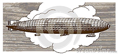 Huge historical airship flying in front of large cumulus clouds Vector Illustration