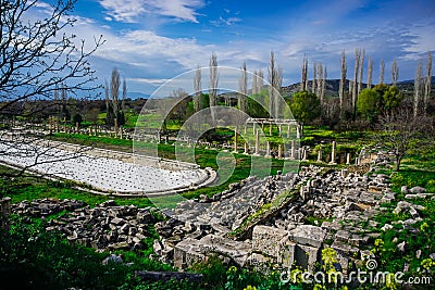 Gigantic Roman swimming pool from Aphrodisias Afrodisias Ancient City in Caria, Karacasu, Aydin, Turkey. Stock Photo