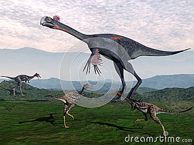 Gigantoraptor and small mononykus dinosaurs - 3D Stock Photo