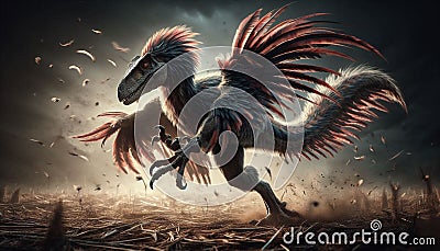 Gigantoraptor in an Aggressive Stance, Displaying Feathers and Powerful Legs, Ready for Defense Stock Photo