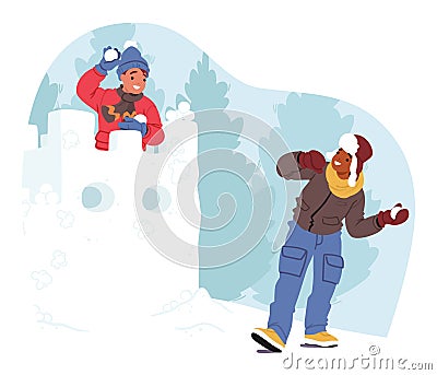 Giggling Kids Engage In Epic Snowball Fights, Crafting Snowy Fortress With Glee. Laughter Echoes Amid Flying Snow Vector Illustration