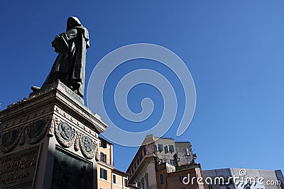 Giiordano Bruno Statue Campo de` Fiori Rome Italy. Bruno was heretic burned at stake in Campo de` Fiori. Statue by Ferrari in 1889 Stock Photo