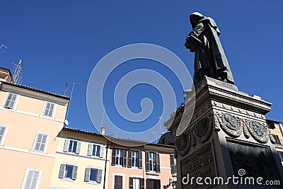 Giiordano Bruno Statue Campo de` Fiori Rome Italy. Bruno was heretic burned at stake in Campo de` Fiori. Statue by Ferrari in 1889 Stock Photo