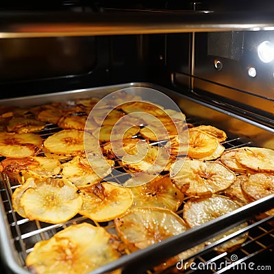 Gilded Crunch: The Artistry of Golden-Baked Potato Crisps Unveiled Stock Photo