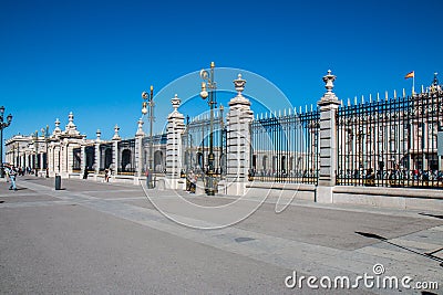 Gilded, decorated fence of Royal Palace in Madrid, Spain Editorial Stock Photo