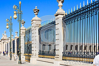 Gilded, decorated fence of Royal Palace, Madrid, Spain Editorial Stock Photo