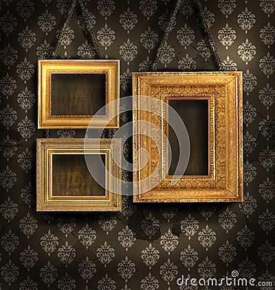 Gilded frames on antique wallpaper Stock Photo
