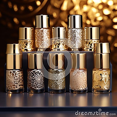 Gilded Glamour: Luxe Gold-Embossed Nail Polish Bottles Stock Photo