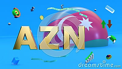 Gilded letters AZN against the background of a fragment of the flag of Azerbaijan, abstract multi-colored shapes, arrows, currency Stock Photo
