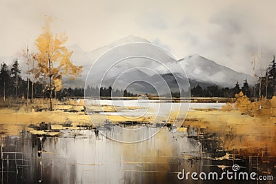 Gilded Mountain Lakeside Landscape Oil Painting, Nature Travel Camping Hiking Fine Art, Tourism Wallpapers, Poster Backgrounds Stock Photo